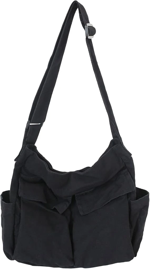 Canvas Messenger Tote Bag - Black